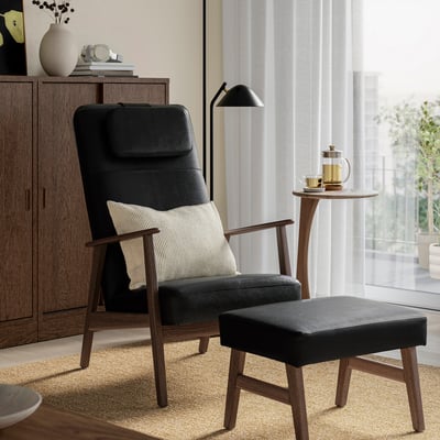 EKENÄSET High-back armchair, walnut effect/Grann/Bomstad black