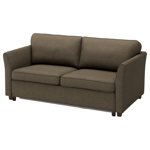 Olive green EKHOLMA sofa with s-shaped back, brown legs, polyester fabric.