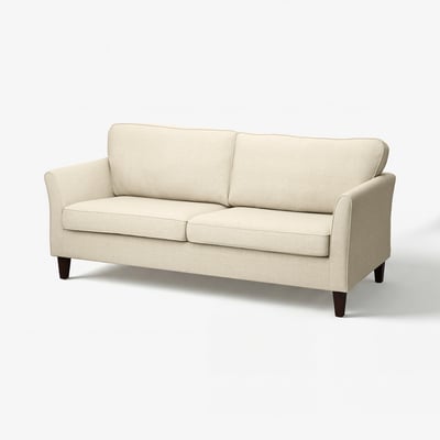 EKHOLMA beige fabric sofa, rounded arms, wooden legs.