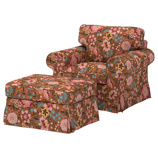 EKTORP Armchair and footstool, Mångbyn brown/multicolour
