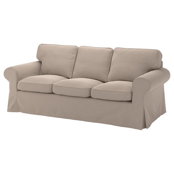 EKTORP sofa, beige, chunky cushions, soft chenille fabric, rolled arms, tailored slipcover.