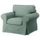 EKTORP armchair, green, with plush upholstery, rolled arms, and boxy shape.