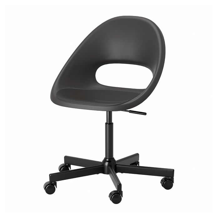 ELDBERGET desk chair, black. Curved back, adjustable height, castor wheels.