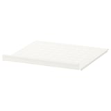 A white ELVARLI shelf. Its rectangular with smooth edges, made of epoxy-coated steel. Simple, clean, and functional.