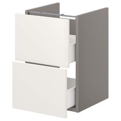 An ENHET white bathroom cabinet with two drawers in a gray cabinet base.