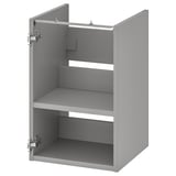 Gray ENHET bathroom cabinet, open, three shelves, minimalist design.