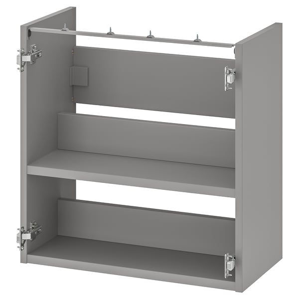 Gray ENHET wall cabinet with three shelves, ideal for bathroom storage. Metal hinges, clean design, and internal compartments.