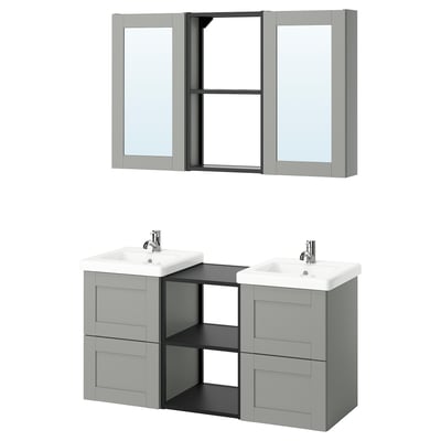 Modern gray bathroom vanity, double sinks, open shelving, two mirrors, sleek design.