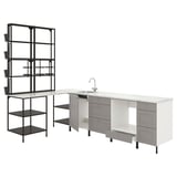 ENHET kitchen set in gray. Counter, sink, and shelves. Modern, metallic design.