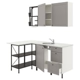 Modern kitchen setup with ENHET series: grey cabinets, marble countertop, stainless sink, open shelves.
