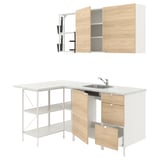Modern kitchen setup: ENHET, light wood & white, with sink, drawers, shelves, & open units.