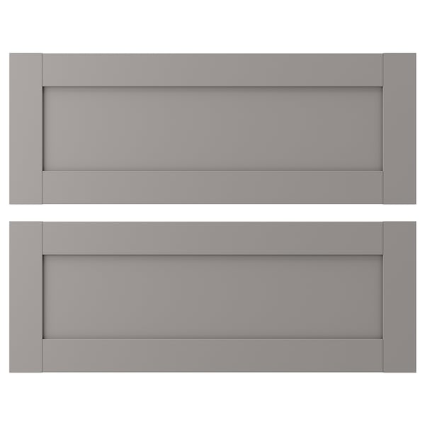 Two grey ENHET drawer fronts with smooth, rectangular designs and rounded edges.