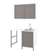 Modern gray bathroom vanity with sink, faucet, and cabinet storage.
