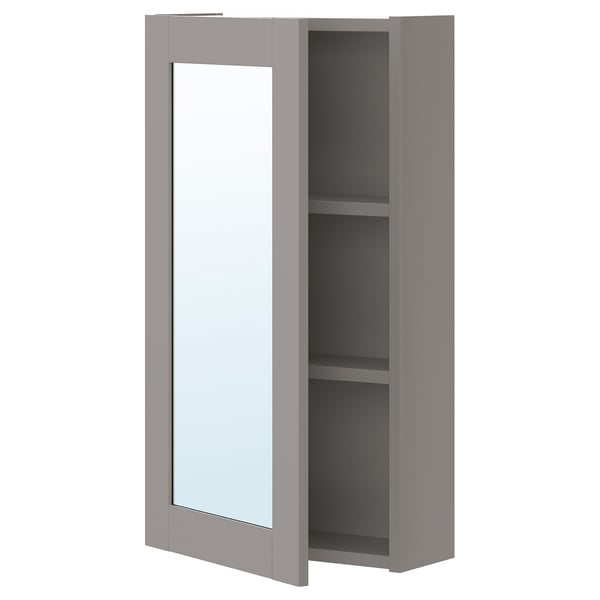 A gray ENHET wall cabinet with a mirror door. Its a rectangular shape with a modern design, suitable for a bathroom.