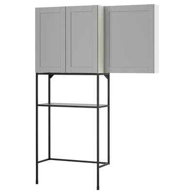 ENHET gray cabinet: modern, light gray, rectangular, with metal stand and shelves, perfect for storage.