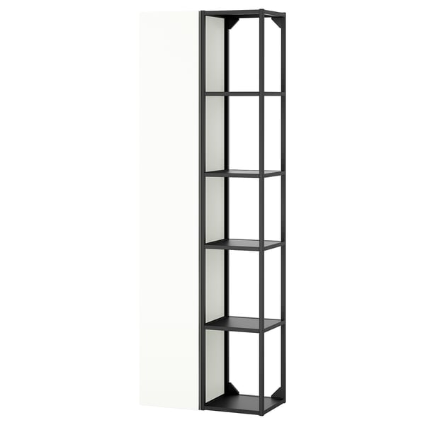 Black metal storage with glass shelves, modern design.