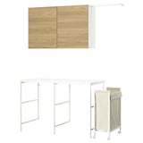 A white ENHET laundry setup with wooden doors, a table, and a laundry bag on wheels for sorting, folding, and drying clothes efficiently.