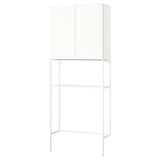 An ikea ENHET white laundry unit with closed cabinet and open shelf sections for storage.
