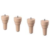 Four wooden furniture legs with screws in light brown, cylindrical shape with tapered ends.