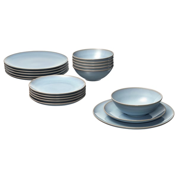 Blue FÄRGKLAR dinnerware includes stacked plates and bowls. Made of stoneware with a rustic matte glaze, it a simple, functional design.