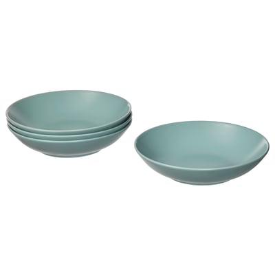 Four FÄRGKLAR green stoneware bowls, deep blue-green color, simple design, stacked and separate.
