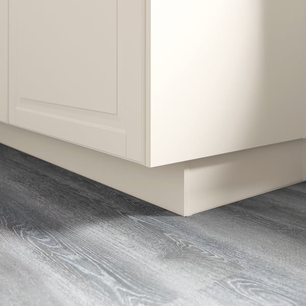White kitchen plinth covering floor gap, fitting bodbyn or hittarp cabinets.