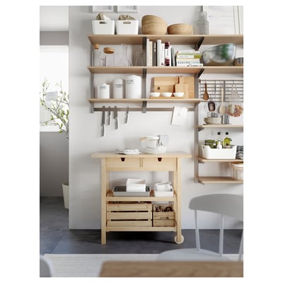 FÖRHÖJA light birch kitchen trolley, 3-tier with drawers, sturdy & natural wood finish.