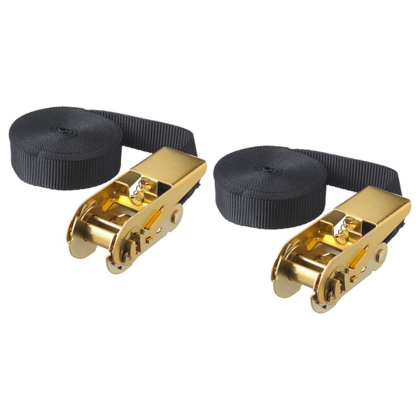 Two black polyester straps with brass metal buckles for securing loads.