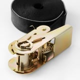Close-up of metal cam buckle strap, showcasing robust, secure design and heavy-duty metal components.