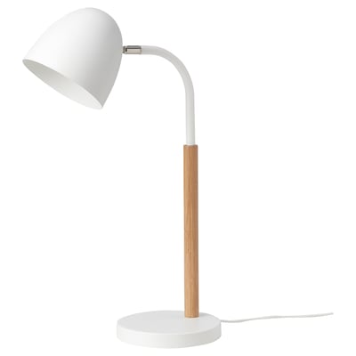 White FRANSALG desk lamp with adjustable bamboo neck and round base.