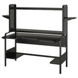 A black FREDDE gaming desk, featuring cup holders, adjustable shelves, and high side panels to block glare.