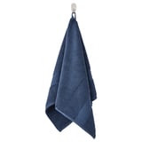 Fredriksjon towel, deep blue, folded on hook, 100% cotton with striped border.