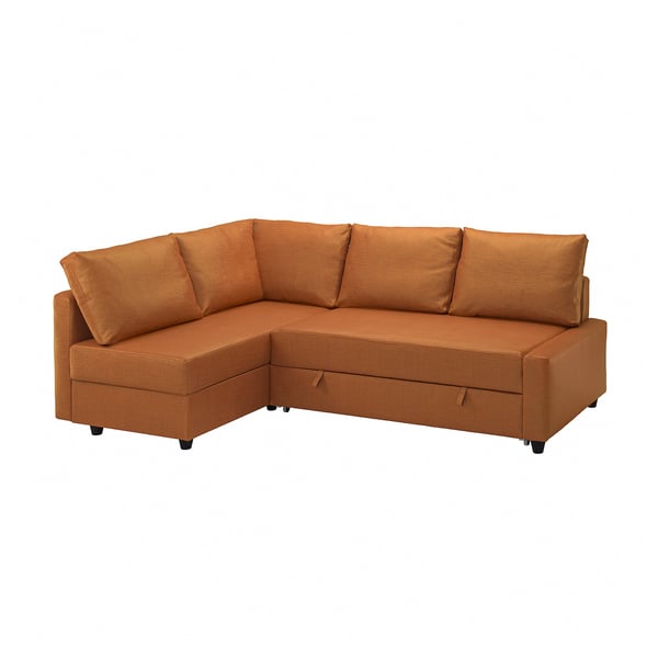 FRIHETEN sectional sleeper, burnt orange, with pull-out bed & storage, l-shape.