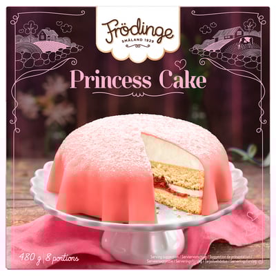 Image a pink princess cake from FRÖDINGE, with a slice removed, displayed on a silver cake stand, against a decorative background.