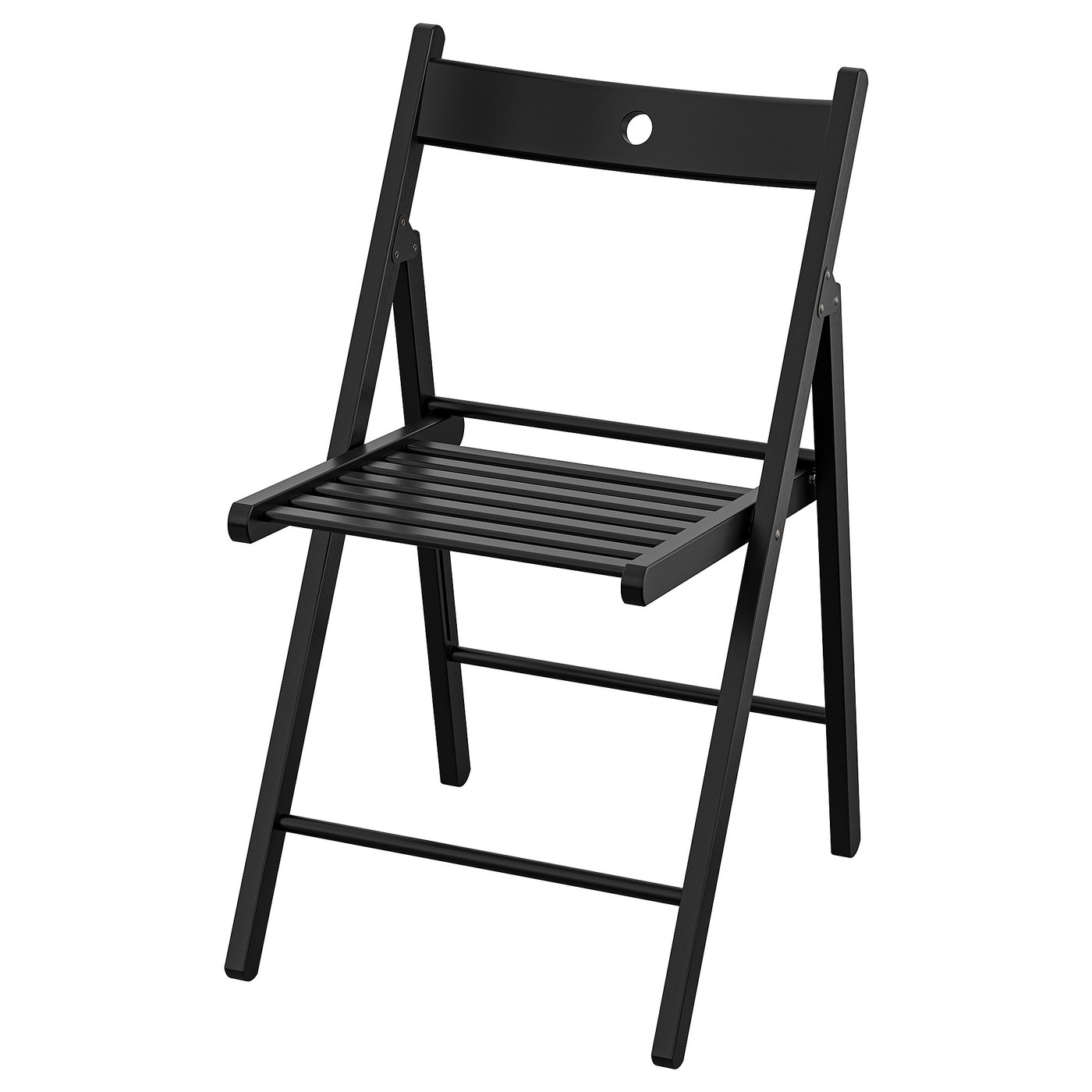 Black FRÖSVI foldable chair with wooden slats, simple, classic design.