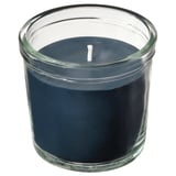 A cylindrical blue scented candle in a clear glass jar. Perfect for home ambiance, evoking forest scents.