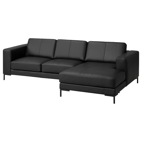 FULLERÖ modern black leather l-shaped sofa. Three cushions, removable armrests, sleek metal legs. Comfortable, stylish.
