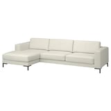 Elegant, white leather l-shaped sofa, modern design, with metal legs.