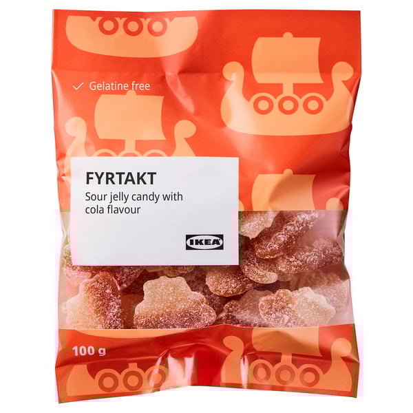 FYRTAKT candy bag, orange sour jellies with cola flavour, 100g, gelatin-free.