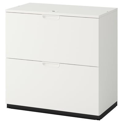 A white GALANT file cabinet with two drawers and a drop-file storage area. It a combination lock for secure storage and has a sleek, modern design.