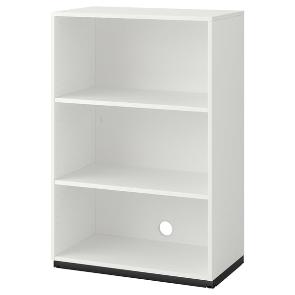 A white GALANT bookshelf with three shelves, designed for open storage and cable management, featuring a modern and minimalist design.