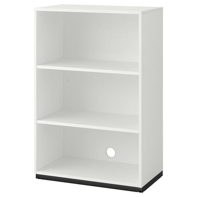 A white GALANT bookshelf with three shelves, designed for open storage and cable management, featuring a modern and minimalist design.