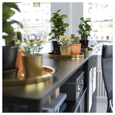 A shiny metallic tray with various potted plants, holding them securely.