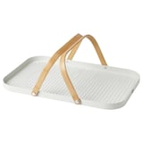 GRÖNFISK tray, light gray, rectangular, bamboo handles, perforated surface.