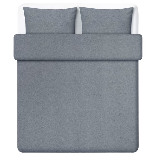 A gray grovsnarja duvet cover set in cotton flannel. It zipper closures for the cover and cases, providing a cozy, neutral, and soft appearance.