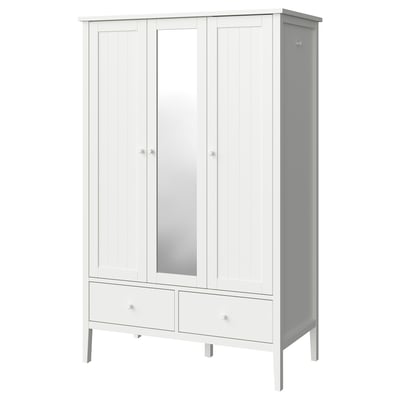 White GULLABERG wardrobe, wooden, 3-door with mirror, traditional design, ample storage.