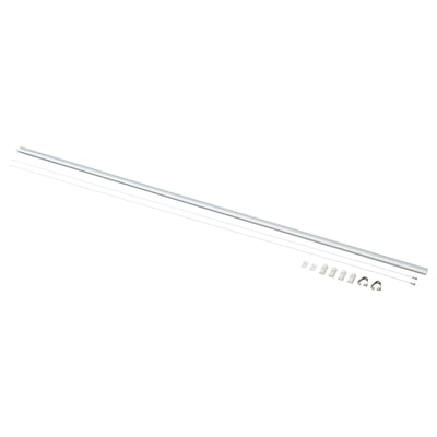 A silver aluminum suspension rail kit by HAGHED, including hooks, for hanging pictures.