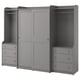 Option: Gray HAUGA wardrobe system with sliding doors, shelves, and drawers for storage.