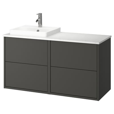 HAVBÄCK: grey wall-mounted sink cabinet. Modern, minimalist design. Dark grey drawers, white countertop, square sink.