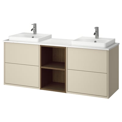 Modern beige bathroom vanity with two square white sinks, open shelf, and wall-mount design.